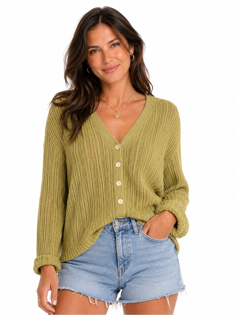 GISPA Italy Linen Blend Open Knit Cardigan Green Coastal Grandma Size 6